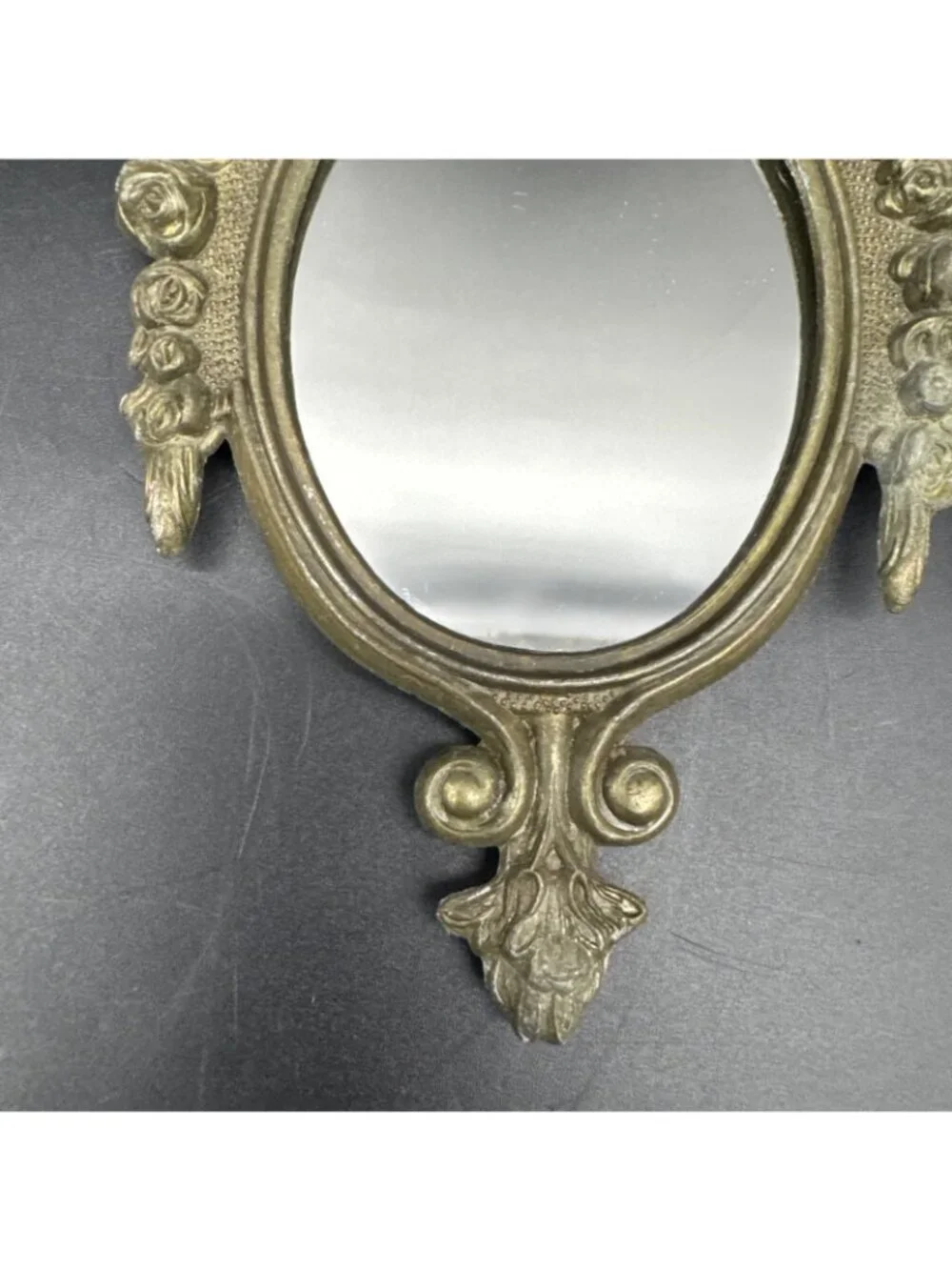 VTG 6” Ornate Gold Bronze Wall Hanging Mirror Set Floral Bow Rocco Gallery Italy